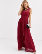 Lipsy Ruched Maxi Dress With Lace Yolk And Embellished Neck In Berry - Red