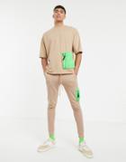 Asos Design Two-piece Oversized T-shirt With Half Sleeve And Neon Utility Pocket - Beige