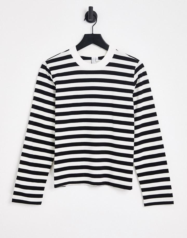 & Other Stories Cotton Stripe Long Sleeve Top In White And Black - Black
