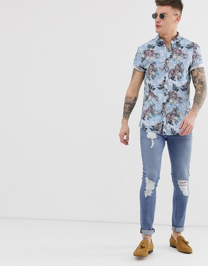 River Island Slim Fit Shirt In Light Blue Floral Print - Blue