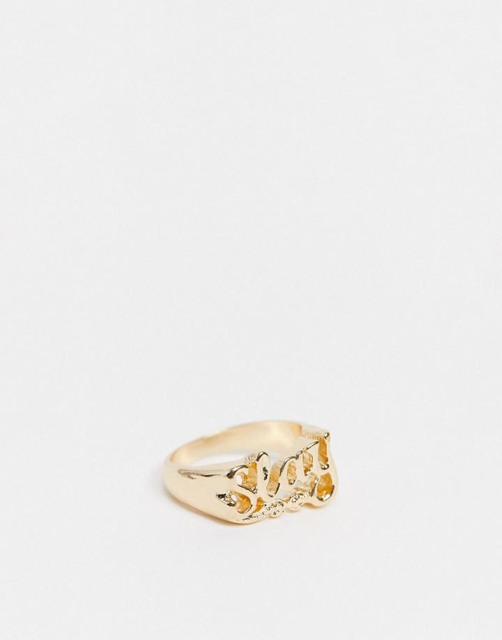 Asos Design Ring With Slay Text In Shiny Gold Tone