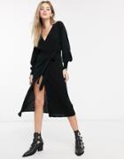 Asos Design Knitted Wrap Dress With Volume Sleeve-black
