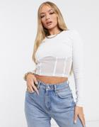 Asos Design Long Sleeve Crop Top With Mesh Corset Detail In White