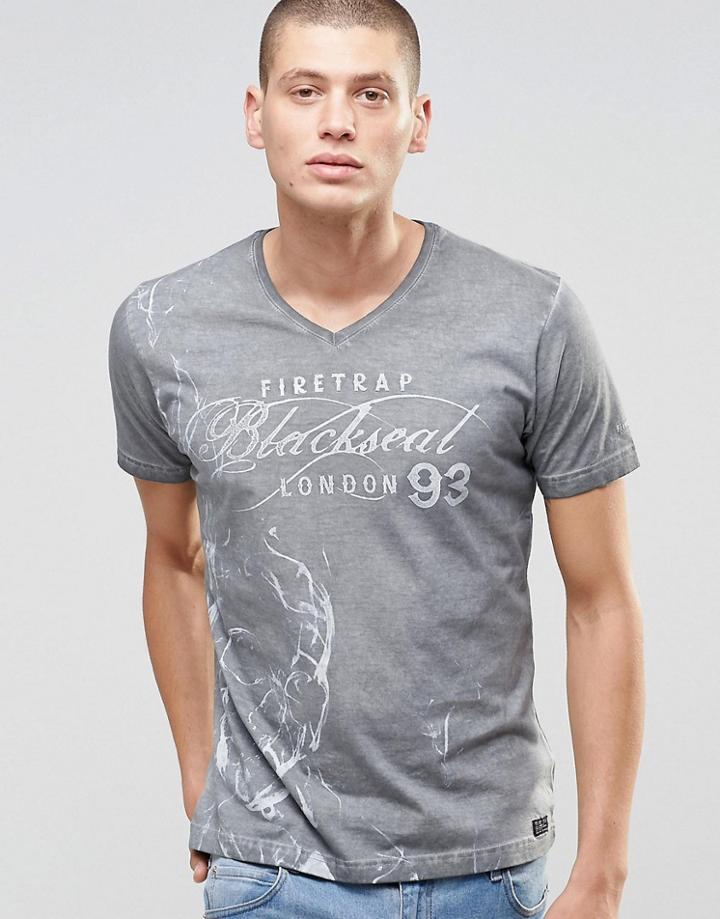 Firetrap Washed Skull Printed V Neck T-shirt - Gray