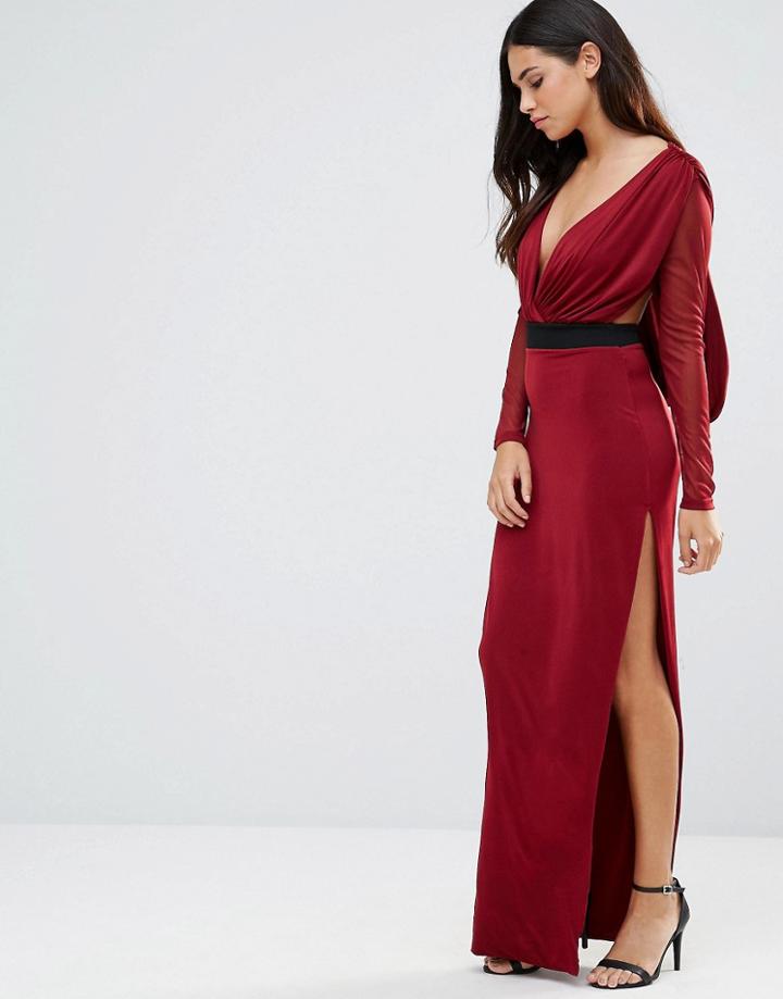 Hedonia Deep V Maxi Dress With Sheer Sleeves And Contrast Waist Belt - Red