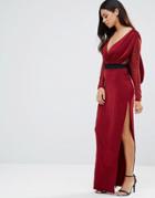 Hedonia Deep V Maxi Dress With Sheer Sleeves And Contrast Waist Belt - Red