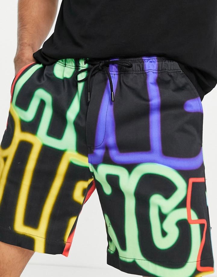 Pull & Bear Shorts In Racing Multi Print In Black - Part Of A Set