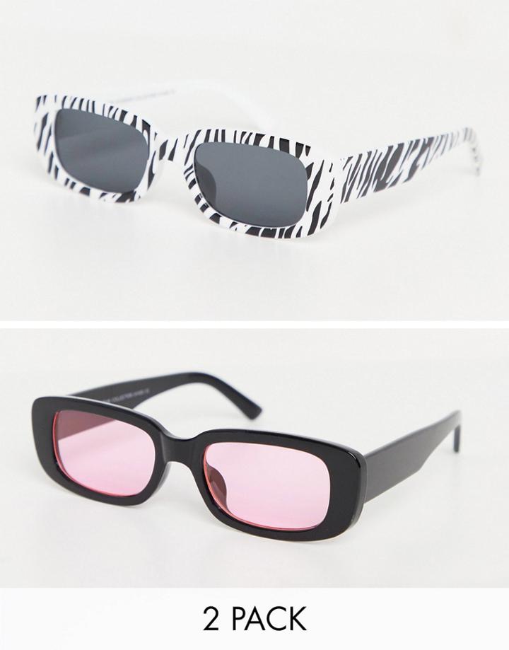 Svnx 2 Pack Mid Rectangle Sunglasses In Black With Pink Lens And Black And White Zebra Print-multi