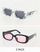 Svnx 2 Pack Mid Rectangle Sunglasses In Black With Pink Lens And Black And White Zebra Print-multi