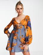 Asos Design Satin Tie Front Blouson Sleeve Mini Dress With Open Back Detail In Mixed Floral-multi