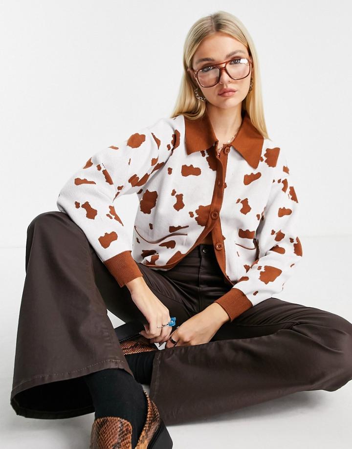 Daisy Street Relaxed Cardigan In Cow Print - Part Of A Set-multi