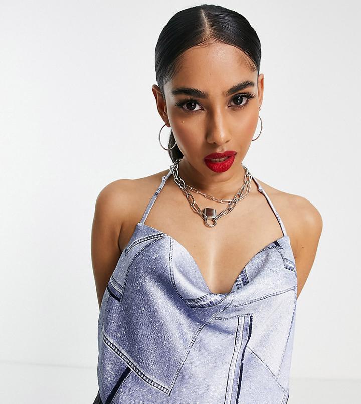 4th & Reckless Petite Strappy Back Satin Top In Denim Print-blue
