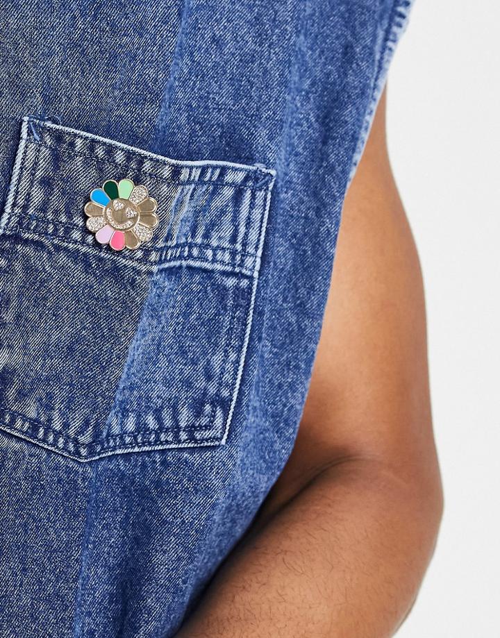 Asos Design Brooch With Flower Design And Crystal Detail In Gold Tone