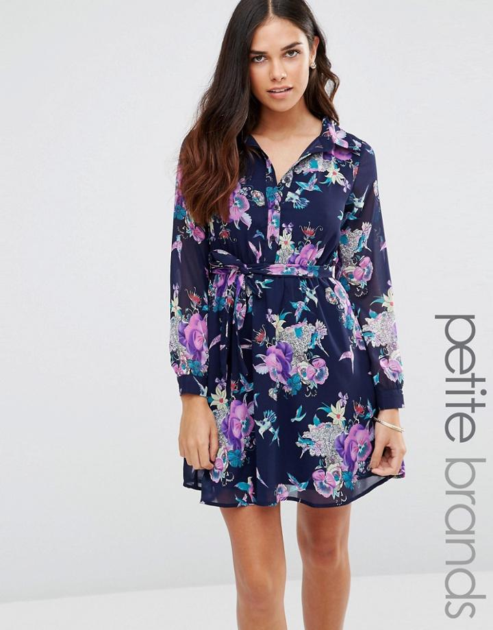 Yumi Petite Skater Shirt Dress In Floral Print - Navy