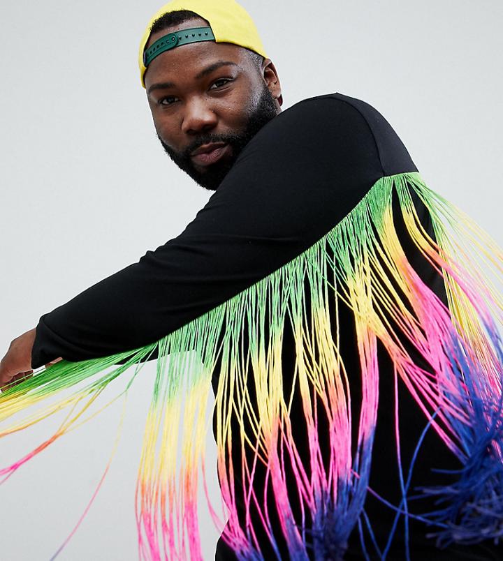 Asos Design Festival Plus Longline Long Sleeve T-shirt With Extreme Rainbow Fringe Back - Black