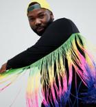Asos Design Festival Plus Longline Long Sleeve T-shirt With Extreme Rainbow Fringe Back - Black