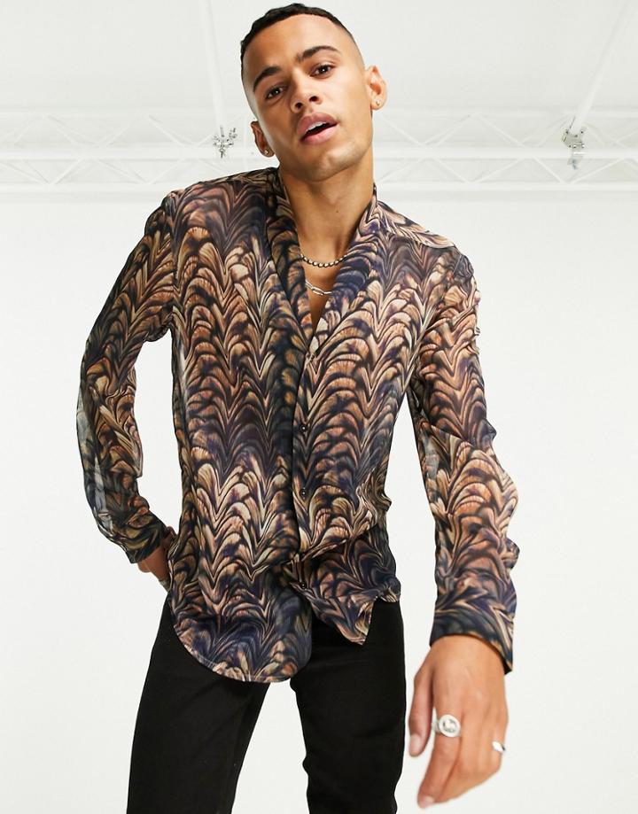 Asos Design Sheer Shirt With Shawl Neck In Abstract Print-brown