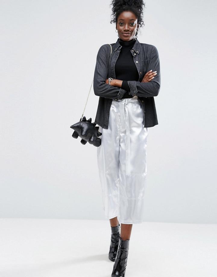 Asos Metallic Premium Wide Leg Pants With Self Tie - Silver