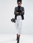 Asos Metallic Premium Wide Leg Pants With Self Tie - Silver