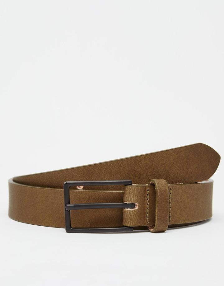 Asos Leather Belt In Khaki With Black Coated Buckle - Khaki