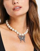 Asos Design Necklace With Faux Pearl And Butterfly In Silver Tone