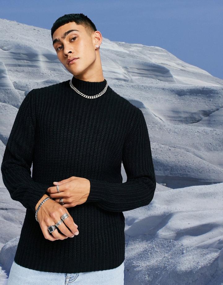 Asos Design Heavyweight Fisherman Rib Turtleneck Sweater In Black