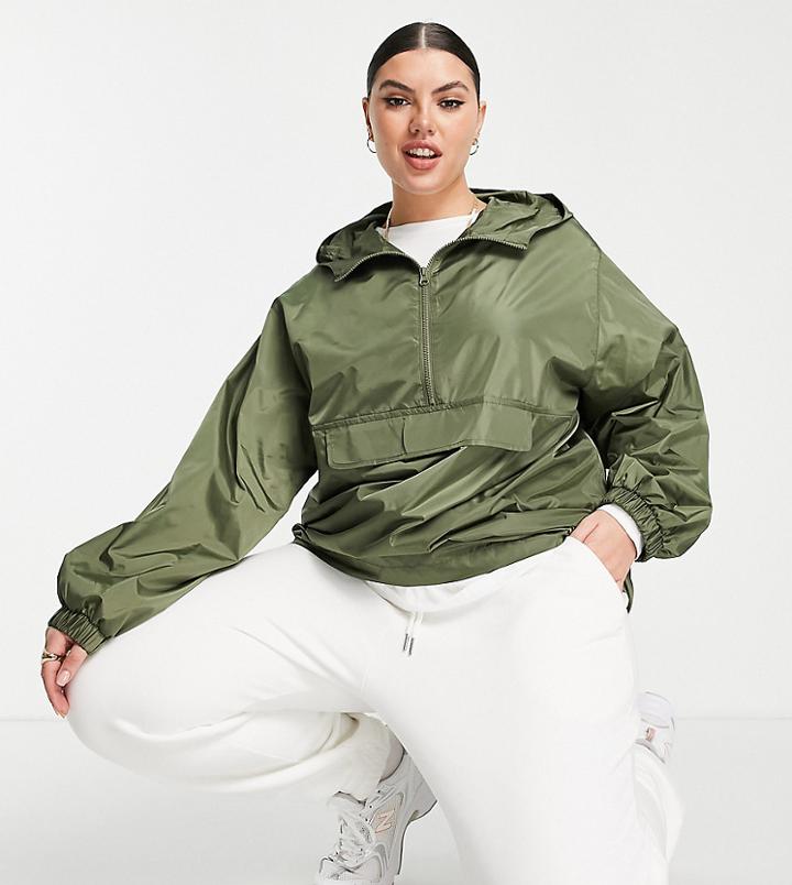 Asos Design Curve Overhead Recycled Rain Jacket In Khaki-green