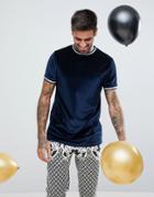 Asos T-shirt In Navy Velour With Silver Metallic Tipping - Blue