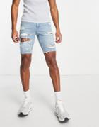 Asos Design Slim Denim Shorts With Mid Wash-blue