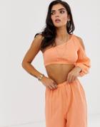 Asos Design One Shoulder Beach Crop Top With Bunny Ties In Natural Crinkle Fabric Two-piece - Orange