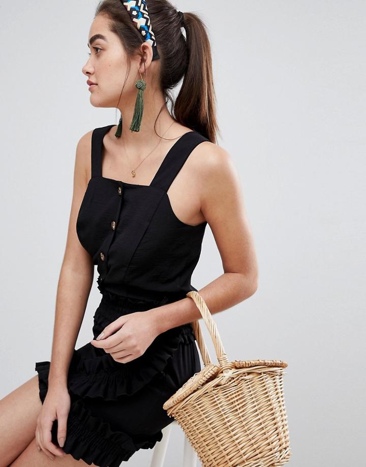 New Look Button Front Crop Cami Top - Black