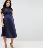 Asos Maternity High Neck Mini Skater Dress With Lace Top - Navy
