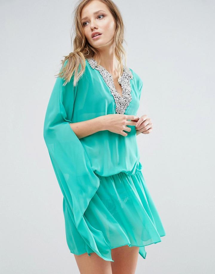 Forever Unique Beach Dress With Fluted Sleeve - Green