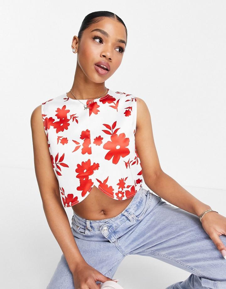Urban Revivo Cropped Shirt In Red Floral Print - Part Of A Set