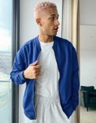 Asos Design Heavyweight Jersey Bomber Jacket With Panel Detail In Dark Blue-blues