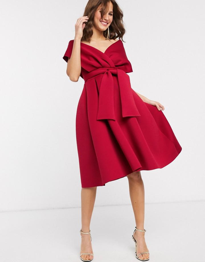 Asos Design Fallen Shoulder Midi Prom Dress With Tie Detail In Red