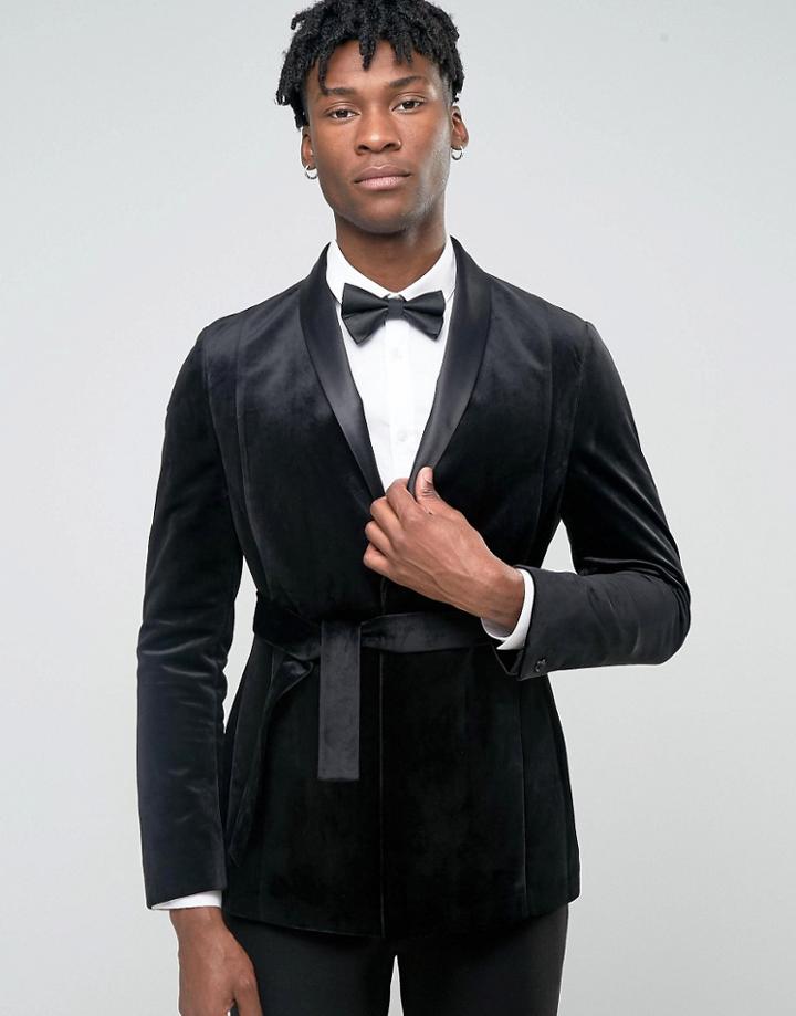 Asos Skinny Smoking Jacket In Black Velvet - Black