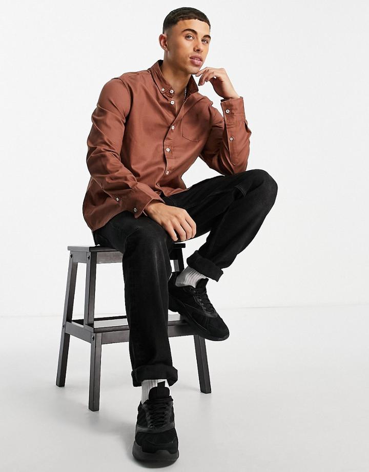 Brave Soul Long Sleeve Cotton Twill Shirt In Brown