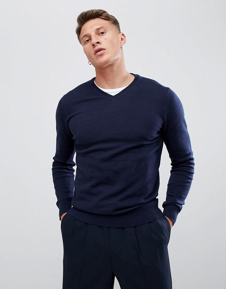 Burton Menswear V Neck Sweater In Navy - Navy