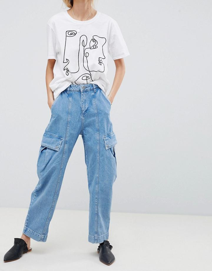 Asos Design Oversized Wide Leg Jeans In Light Blue With Utility Styling - Blue