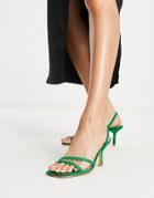 London Rebel Sling Back Mid Heel Sandals In Green Snake-blue