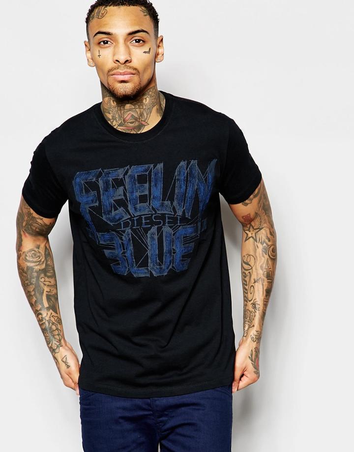 Diesel T-shirt T-joe-aa Crewneck Feelin Blue Print In Black - Black