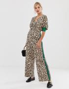Liquorish Wrap Front Jumpsuit In Leopard Print With Contrast Sleeve Detail - Multi