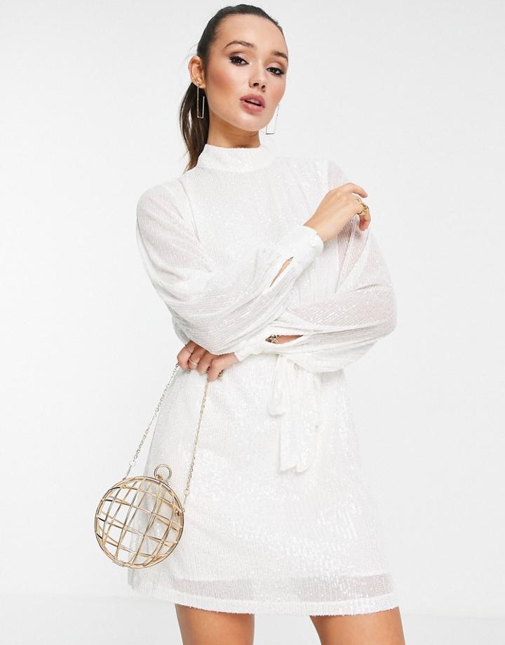 Pretty Lavish Sequin Balloon Sleeve Mini Dress In White