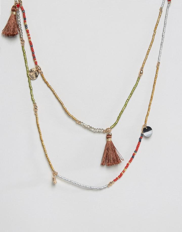 Nylon Festival Layered Tassel Necklace - Gray