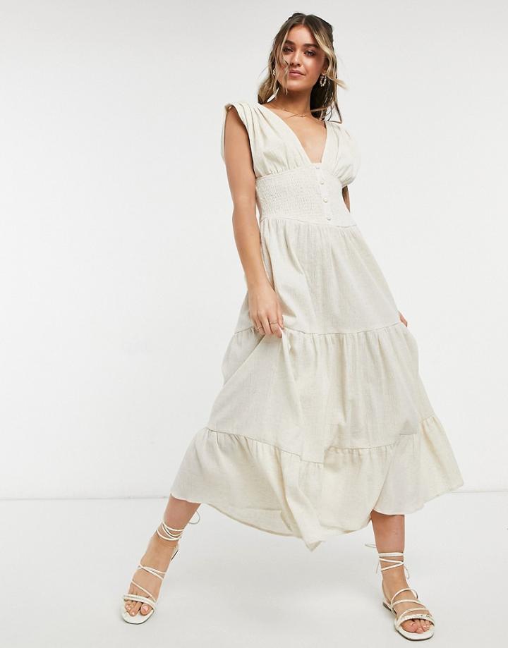Asos Design Shirred Waist Button Front Tiered Midi Sundress In Crinkle In Oatmeal-neutral