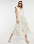 Asos Design Shirred Waist Button Front Tiered Midi Sundress In Crinkle In Oatmeal-neutral