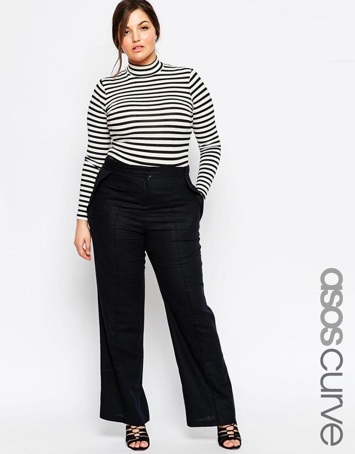 Asos Curve Linen Pants With Wide Leg - Navy