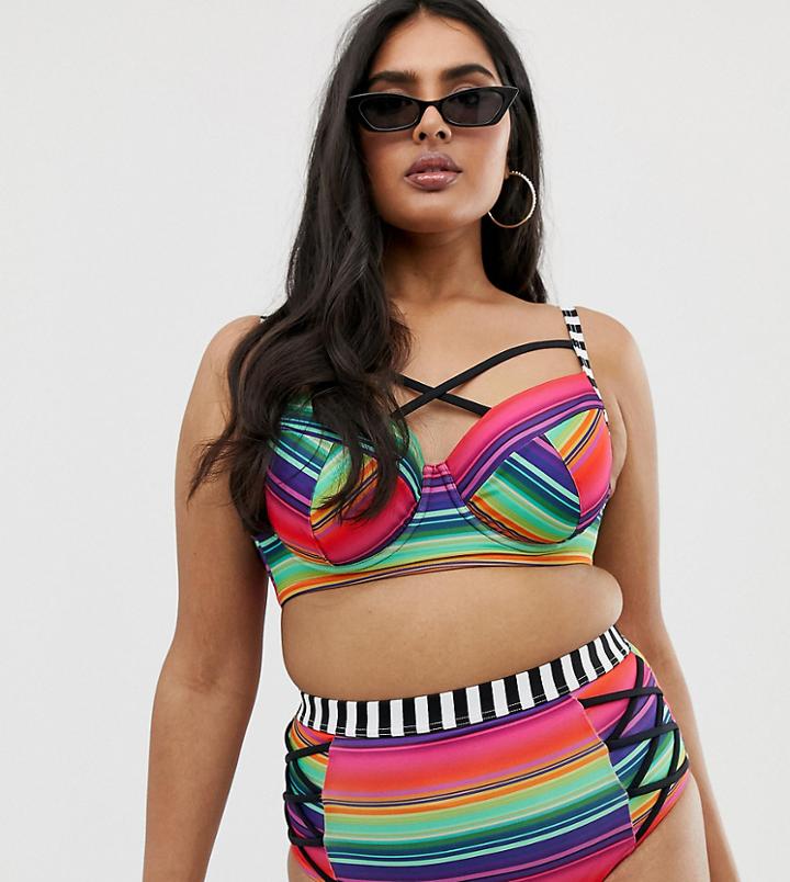 Asos Design Curve Supportive Cupped Bikini Top In Multi Stripe Print - Multi