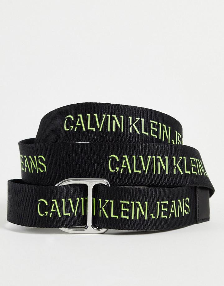 Calvin Klein Jeans Slider D Ring Belt In Black With Lime Logo